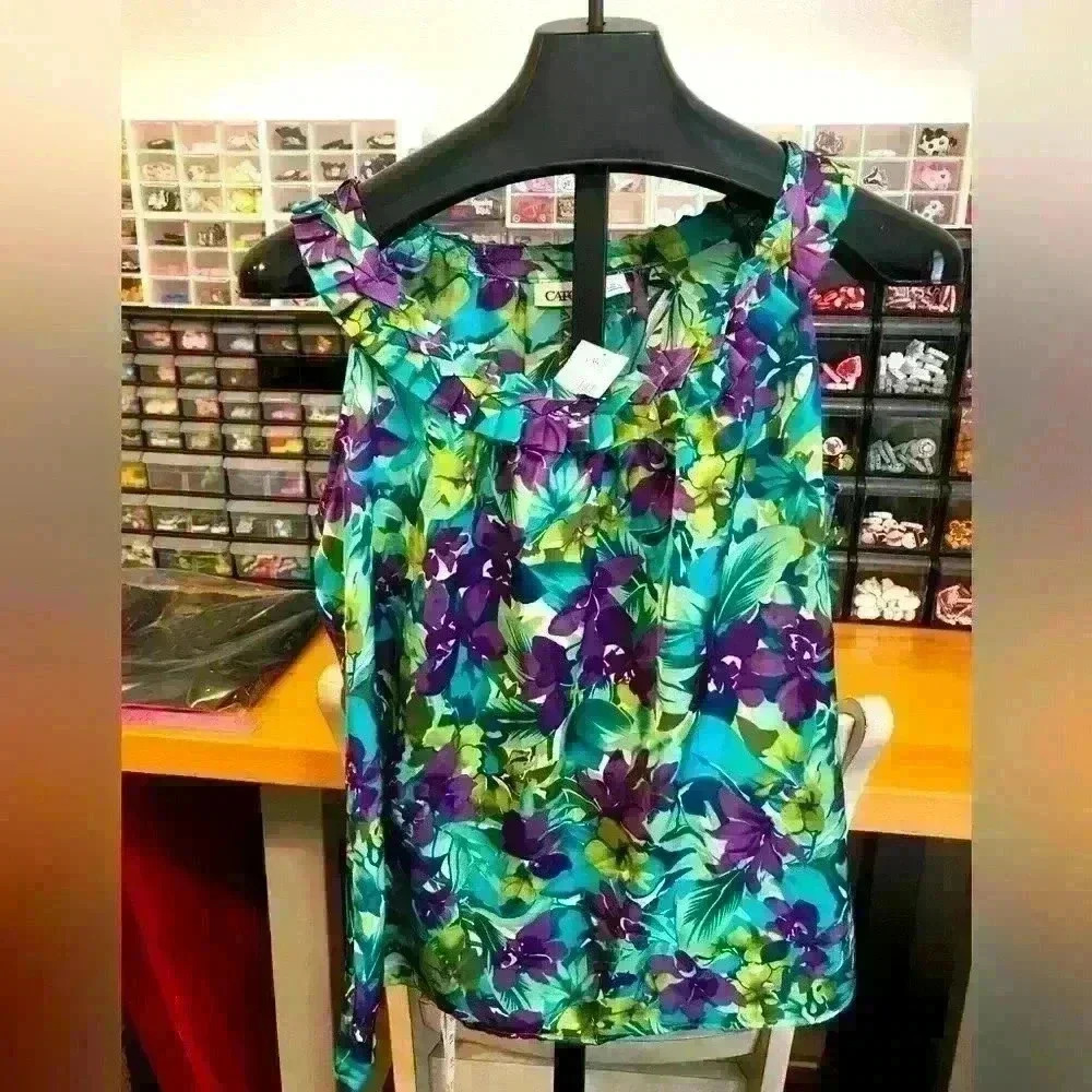 Cato Tropical Floral Ruffle Tank Top in Teal, Purple, Green